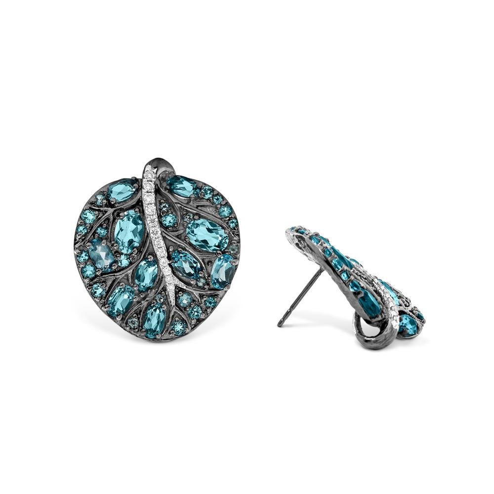 Michael Aram Botanical Leaf 25mm Earrings w/ Blue Topaz & Diamonds in Black Rhodium Sterling Silver & Sterling Silver