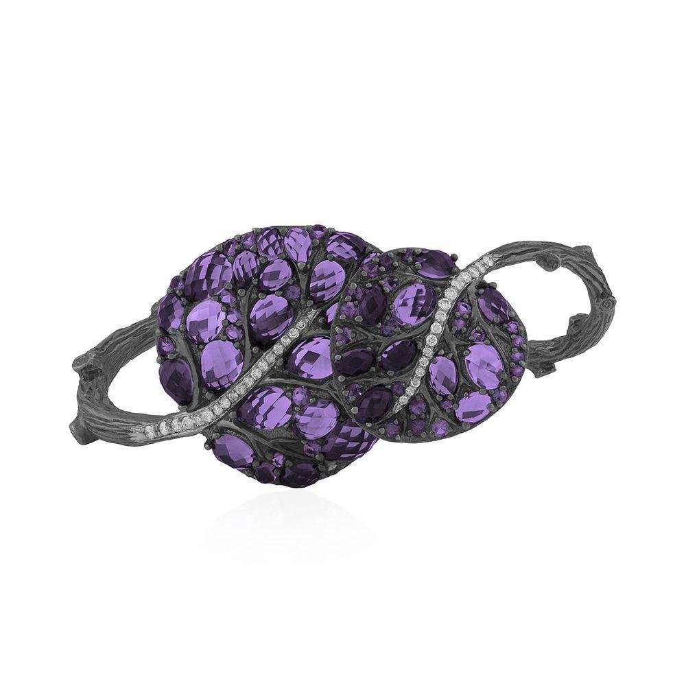 Michael Aram Botanical Leaf Gemstone Bracelet w/ Amethyst & Diamonds in Black Rhodium & Sterling Silver