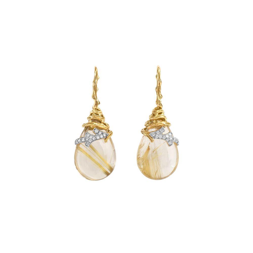 Michael Aram Enchanted Forest Twig Wrap Earrings w/ Rutilated Quartz & Diamonds in 18K Yellow Gold