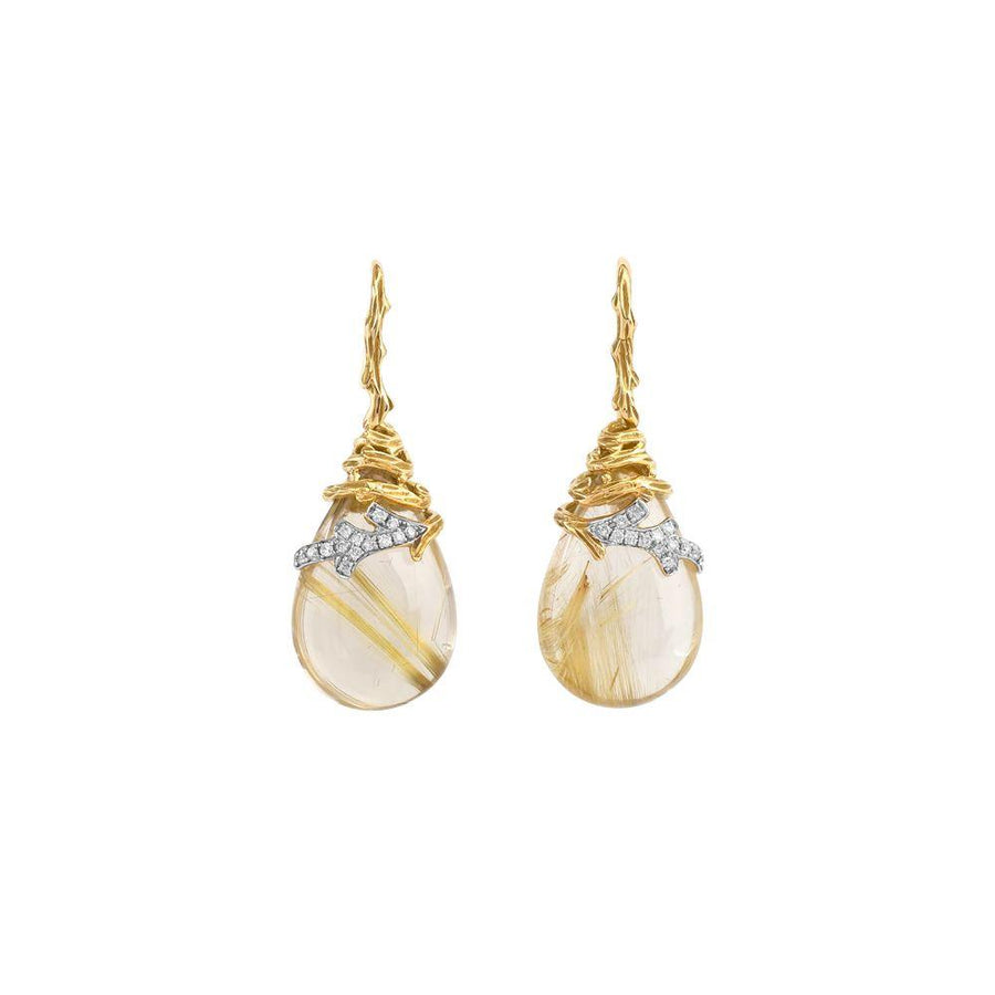Michael Aram Enchanted Forest Twig Wrap Earrings w/ Rutilated Quartz & Diamonds in 18K Yellow Gold