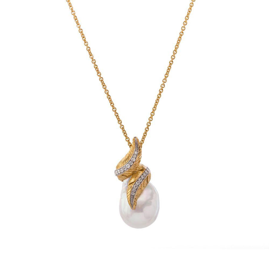 Michael Aram Feather Wrap Necklace w/ Pearl & Diamonds in 18K Yellow Gold
