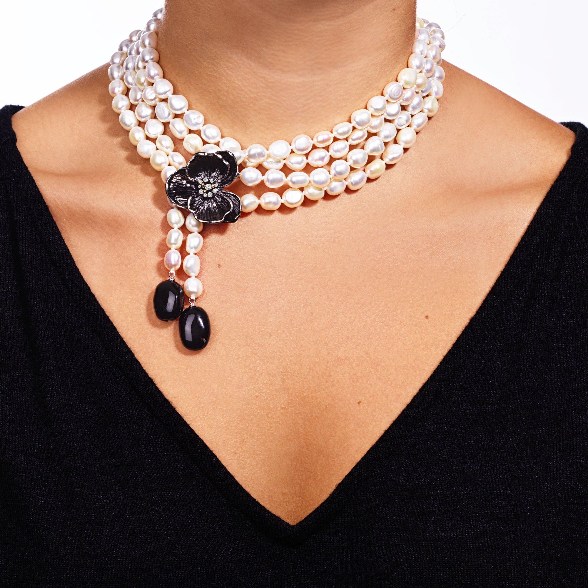 Michael Aram Orchid Lariat Necklace with Pearls, Black Onyx and Diamonds