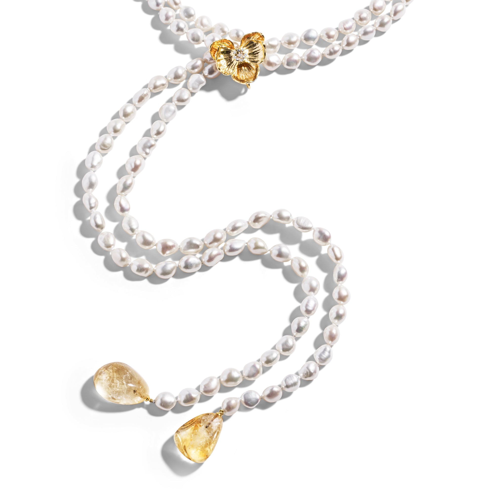 Michael Aram Orchid Lariat Necklace with Pearls, Rutilized Quartz and Diamonds